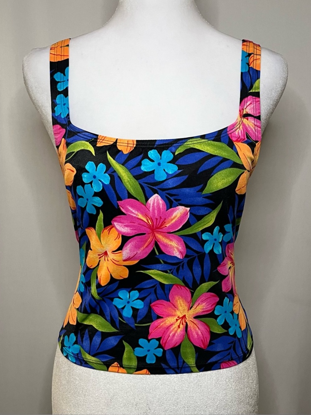 90’s Y2K Vintage Catalina Tropical Floral Print Tankini Swim Top Neon Women’s M - Picture 2 of 5